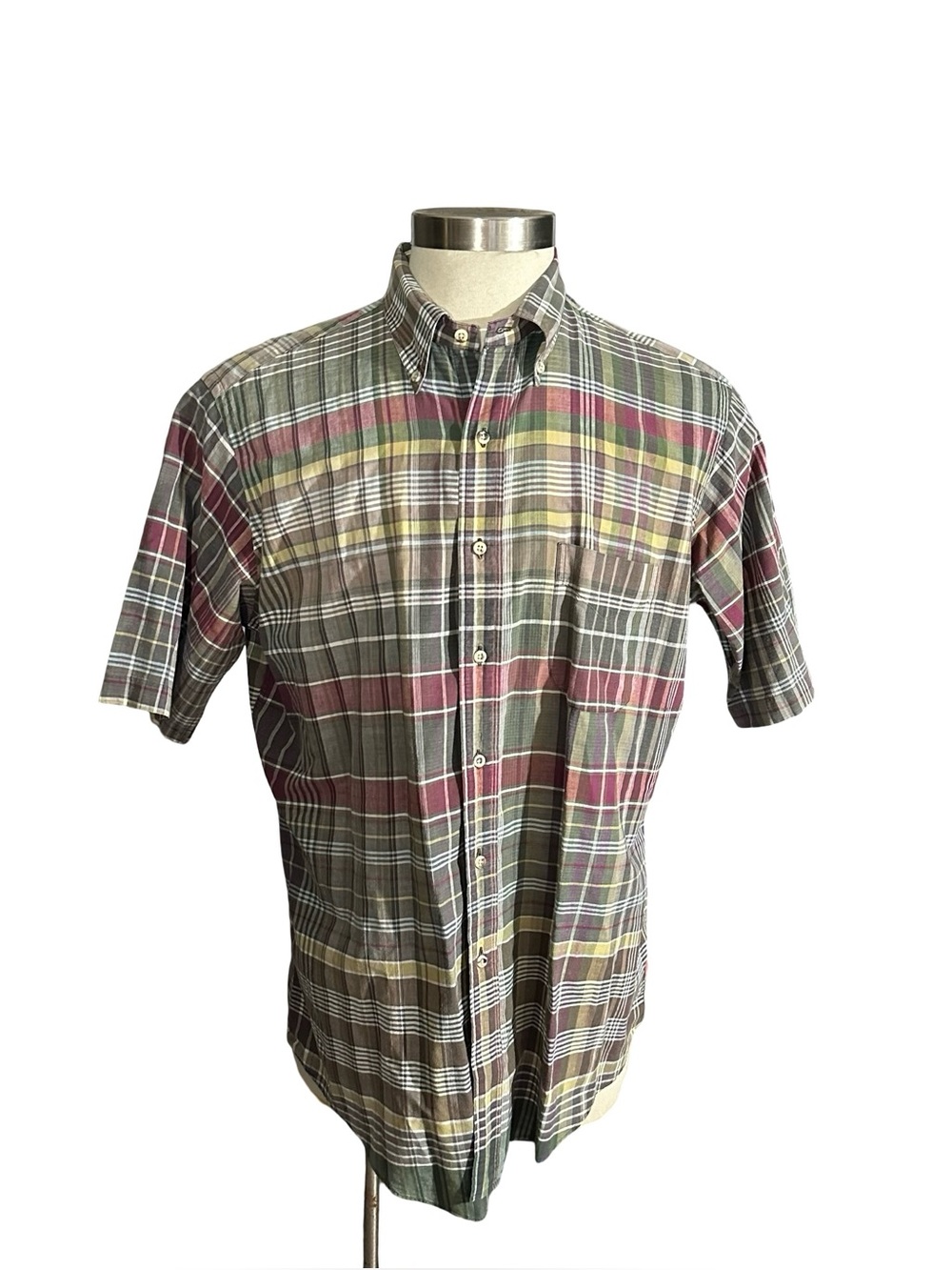 Vtg Kenneth Gordon Hand Loomed India Madras Short Sleeve Shirt Mens Sz XL Plaid